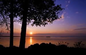 Silhouettes of white cedars, shrubs and rocky shoreline at sunset; Drummond Island, MI; ©markscarlson.com