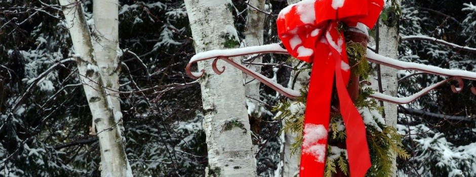 L-Dec.;Red ribbon on lamp post with paper birches and evergreens; The Homestead Resort, Glen Arbor, MI; ©markscarlson.com _resize
