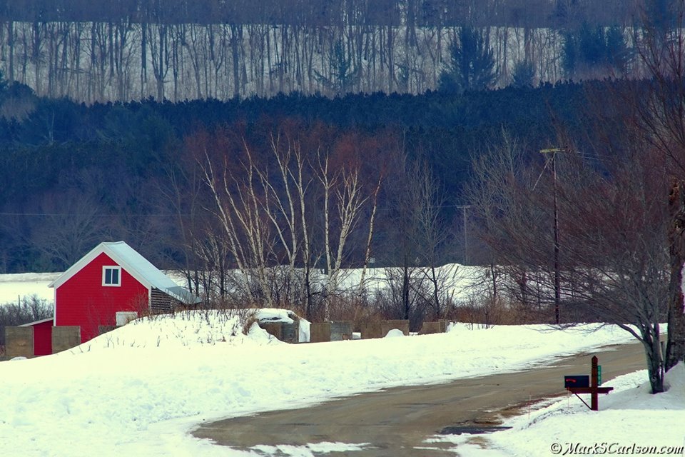 Leelanau Red Barn in distance, Winter, ©Markscarlson.com | Great Lakes Photo Tours