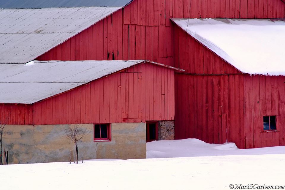 Multiple corners of red barn in winter, ©markscarlson.com | Great Lakes Photo Tours